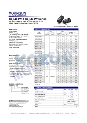 IB1205LS-W75 datasheet - SINGLE OUTPUT DC-DC CONVERTER