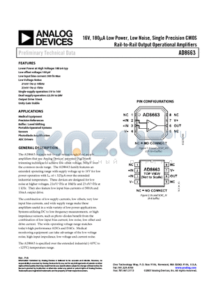 AD8663ARZ datasheet - 16V, 180lA Low Power, Low Noise, Single Precision CMOS Rail-to-Rail Output Operational Amplifiers