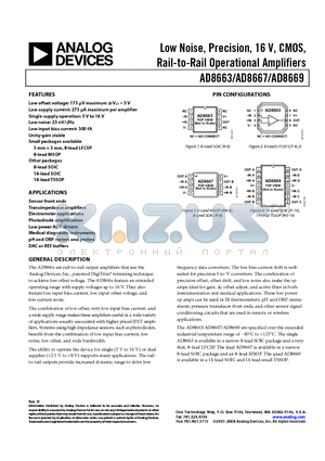 AD8663ARZ datasheet - Low Noise, Precision, 16 V, CMOS, Rail-to-Rail Operational Amplifiers