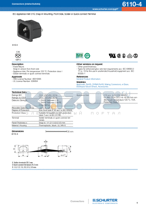 6110-4 datasheet - IEC Appliance Inlet C16, Snap-in Mounting, Front Side, Solder or Quick-connect Terminal