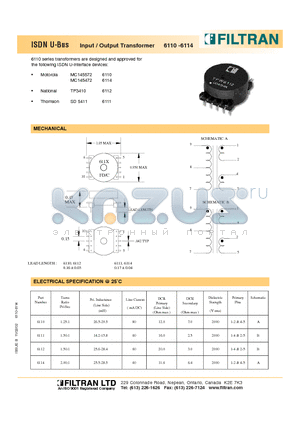 6110 datasheet - ISDN U-Bus Input / Output Transformer