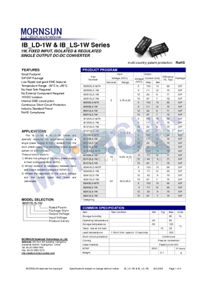 IB1505LT-W75 datasheet - SINGLE OUTPUT SMD DC-DC CONVERTER