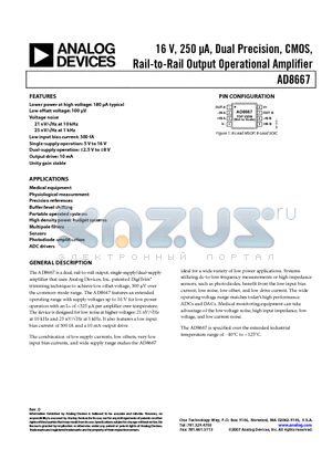 AD8667ARMZ-REEL datasheet - 16 V, 250 lA, Dual Precision, CMOS, Rail-to-Rail Output Operational Amplifier