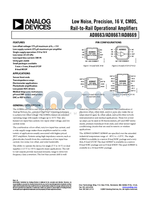 AD8667ARMZ-REEL1 datasheet - Low Noise, Precision, 16 V, CMOS, Rail-to-Rail Operational Amplifiers