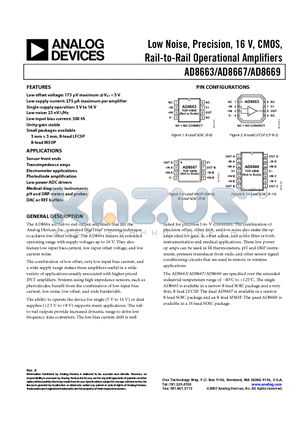 AD8663ARZ1 datasheet - Low Noise, Precision, 16 V, CMOS, Rail-to-Rail Operational Amplifiers