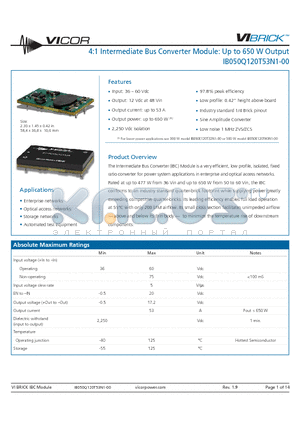 IB050Q120T53N1-00 datasheet - 4:1 Intermediate Bus Converter Module: Up to 650 W Output