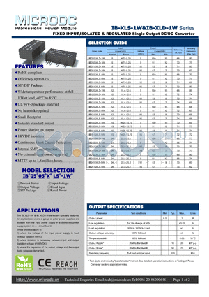 IB1515XLS-1W datasheet - FIXED INPUT,ISOLATED & REGULATED Single Output DC/DC Converter