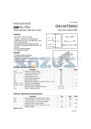 GA100TS60U datasheet - HALF-BRIDGE IGBT INT-A-PAK