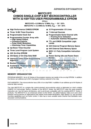 M87C51FC-1 datasheet - CHMOS SINGLE-CHIP 8-BIT MICROCONTROLLER WITH 32 KBYTES USER PROGRAMMABLE EPROM