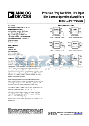 AD8672ARZ-REEL datasheet - Precision, Very Low Noise, Low Input Bias Current Operational Amplifiers