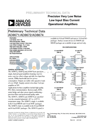 AD8672 datasheet - Precision Very Low Noise Low Input Bias Current Operational Amplifiers
