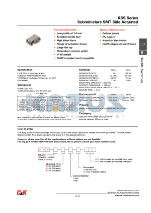 KSS231G datasheet - Subminiature SMT Side Actuated