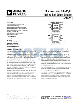 AD8675ARZ-REEL datasheet - 36 V Precision, 2.8 nV/Hz Rail-to-Rail Output Op Amp