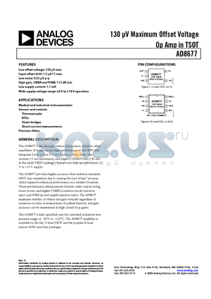 AD8677ARZ-REEL datasheet - 130 uV Maximum Offset Voltage Op Amp in TSOT