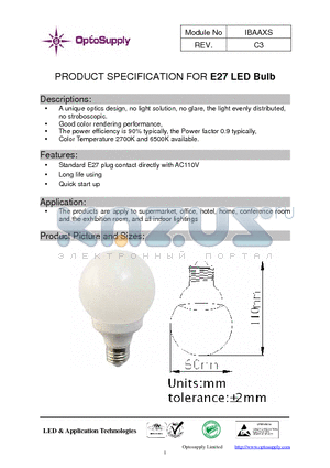 IBAADS datasheet - PRODUCT SPECIFICATION FOR E27 LED Bulb