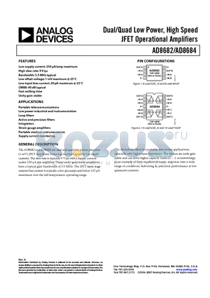 AD8682 datasheet - Dual/Quad Low Power, High Speed JFET Operational Amplifiers