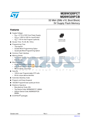 M28W320FCB90ZB6E datasheet - 32 Mbit (2Mb x16, Boot Block) 3V Supply Flash Memory