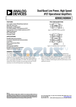 AD8684ARUZ datasheet - Dual/Quad Low Power, High Speed JFET Operational Amplifiers