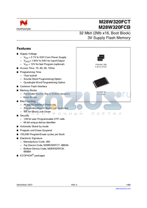 M28W320FCB100ZB6F datasheet - 32 Mbit (2Mb x16, Boot Block) 3V Supply Flash Memory