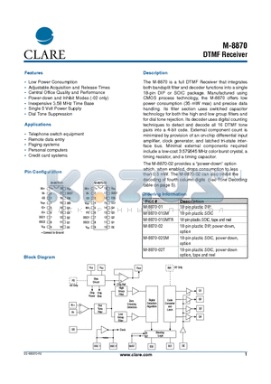 M8870 datasheet - DTMF Receiver