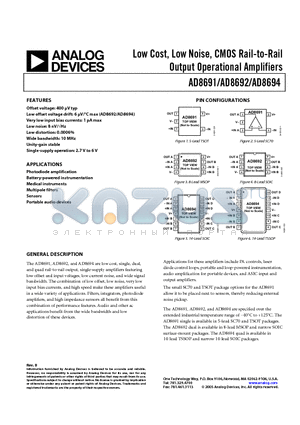 AD8692ARZ-REEL datasheet - Low Cost, Low Noise, CMOS Rail-to-Rail Output Operational Amplifiers