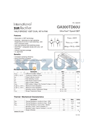 GA300TD60U datasheet - HALF-BRIDGE IGBT DUAL INT-A-PAK