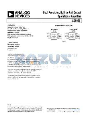 AD8698AR-REEL datasheet - Dual Precision, Rail-to-Rail Output Operational Amplifier