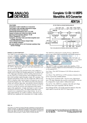 AD872AJD datasheet - Complete 12-Bit 10 MSPS Monolithic A/D Converter