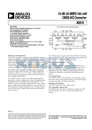 AD876AR datasheet - 10-Bit 20 MSPS 160 mW CMOS A/D Converter