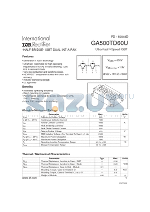 GA500TD60U datasheet - HALF-BRIDGE IGBT DUAL INT-A-PAK