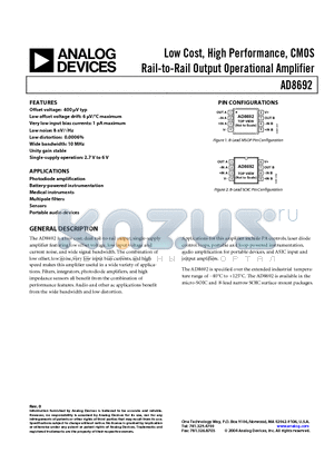 AD8692ARZ datasheet - Low Cost, High Performance, CMOS Rail-to-Rail Output Operational Amplifier