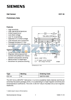 KSY44 datasheet - Hall Sensor Preliminary Data