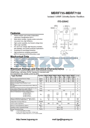 ITO-220AC datasheet - Isolated 7.5AMP. Schottky Barrier Rectifiers