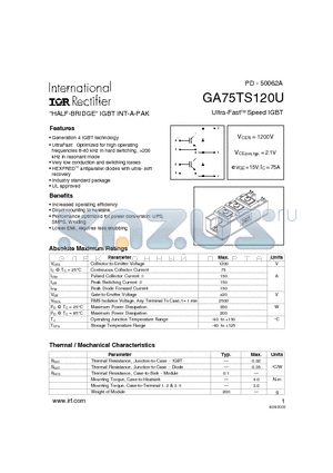 GA75TS120U datasheet - Ultra-FastTM Speed IGBT