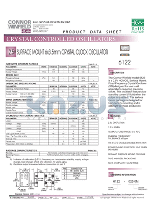 6122-025.0M datasheet - 2.5V SURFACE MOUNT 6x3.5mm CRYSTAL CLOCK OSCILLATOR