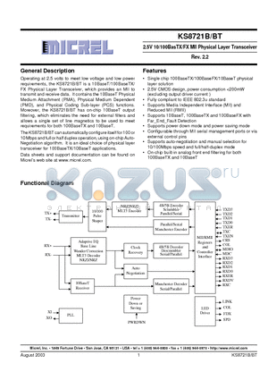 KSZ8721BT datasheet - 2.5V 10/100BasTX/FX MII Physical Layer Transceiver