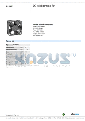 612NGME datasheet - DC axial compact fan