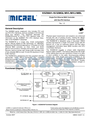 KSZ8841-16MBLI datasheet - Single-Port Ethernet MAC Controller with Non-PCI Interface