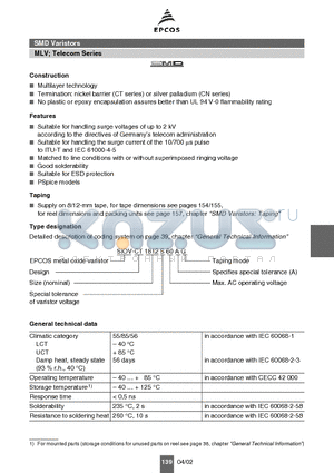 CT1812S60AG2 datasheet - Multilayer technology MLV; Telecom Series