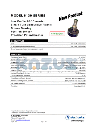 6130 datasheet - Low Profile 7/8 Diameter Single Turn Conductive Plastic Bronze Bearing Position Sensor Precision Potentiometer