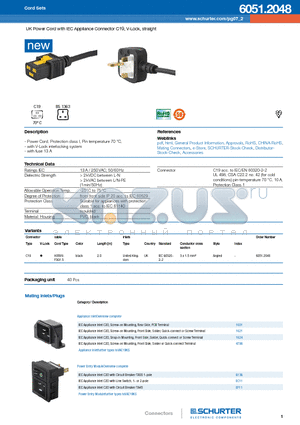 6136 datasheet - UK Power Cord with IEC Appliance Connector C19, V-Lock, straight