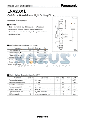 LNA2801L datasheet - GaAlAs on GaAs Infrared Light Emitting Diode