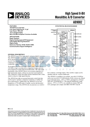 AD9002BJ datasheet - High Speed 8-Bit Monolithic A/D Converter