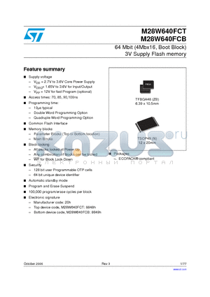 M28W640FCB85N6E datasheet - 64 Mbit (4Mbx16, Boot Block) 3V Supply Flash memory