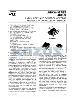 LNBK20CR datasheet - LNB SUPPLY AND CONTROL VOLTAGE REGULATOR PARALLEL INTERFACE