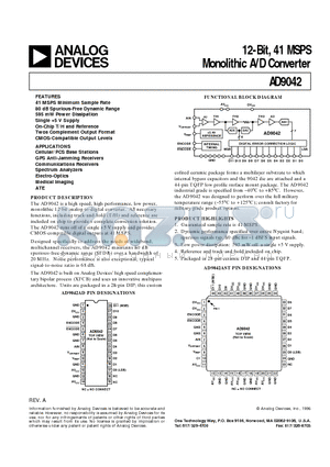 AD9042AD datasheet - 12-Bit, 41 MSPS Monolithic A/D Converter