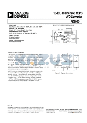 AD9050BR datasheet - 10-Bit, 40 MSPS/60 MSPS A/D Converter