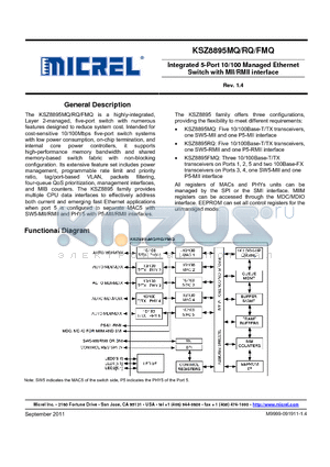 KSZ8895FMQ datasheet - Integrated 5-Port 10/100 Managed Ethernet Switch with MII/RMII interface