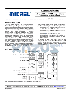 KSZ8895FMQ datasheet - Integrated 5-Port 10/100 Managed Ethernet Switch with MII/RMII interface