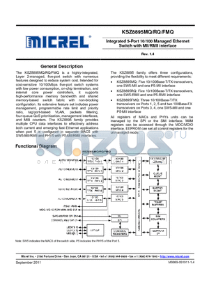 KSZ8895MQI datasheet - Integrated 5-Port 10/100 Managed Ethernet Switch with MII/RMII interface